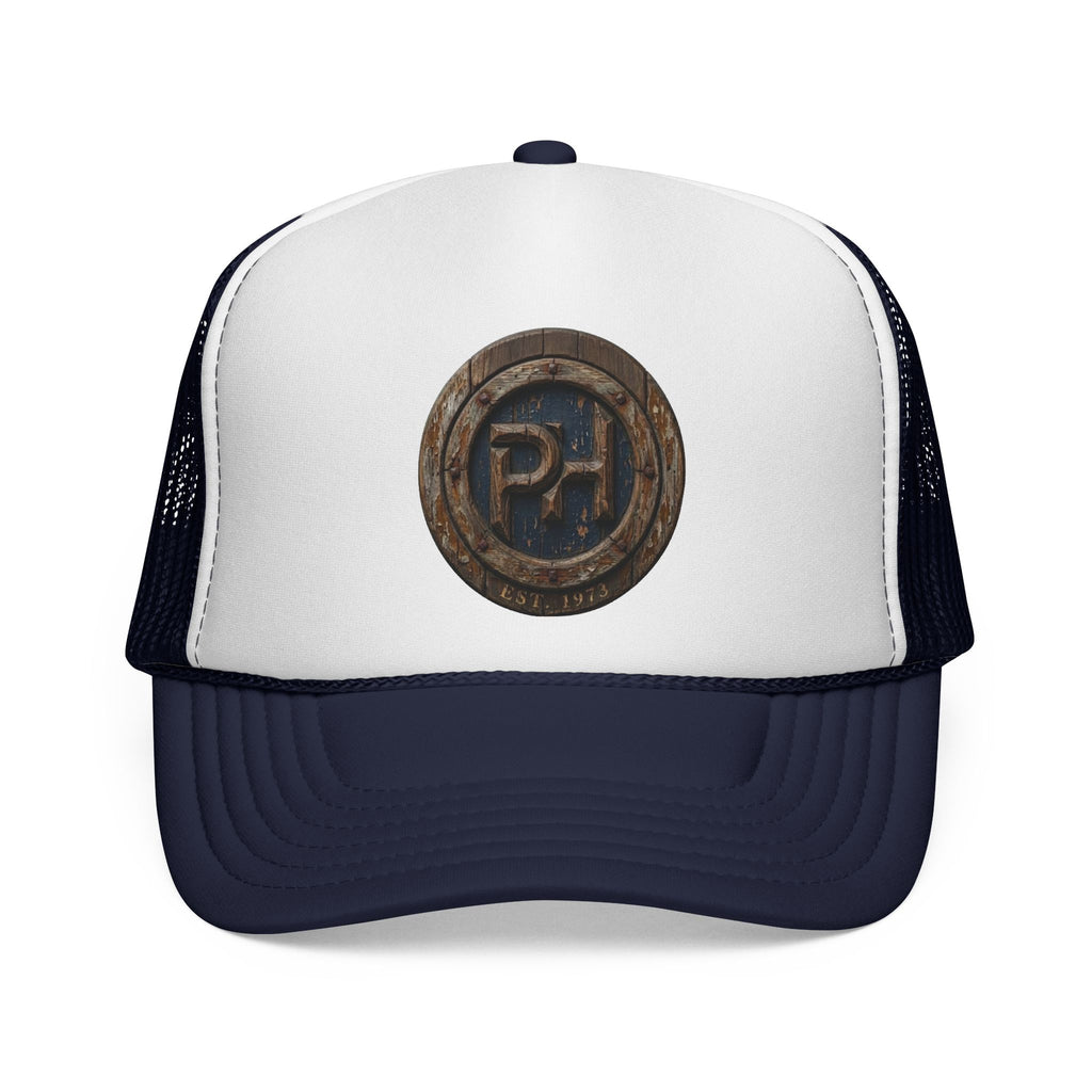 Rustic Pale Horse Logo Trucker Cap — Weathered Wooden Emblem