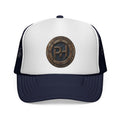 Rustic Pale Horse Logo Trucker Cap — Weathered Wooden Emblem