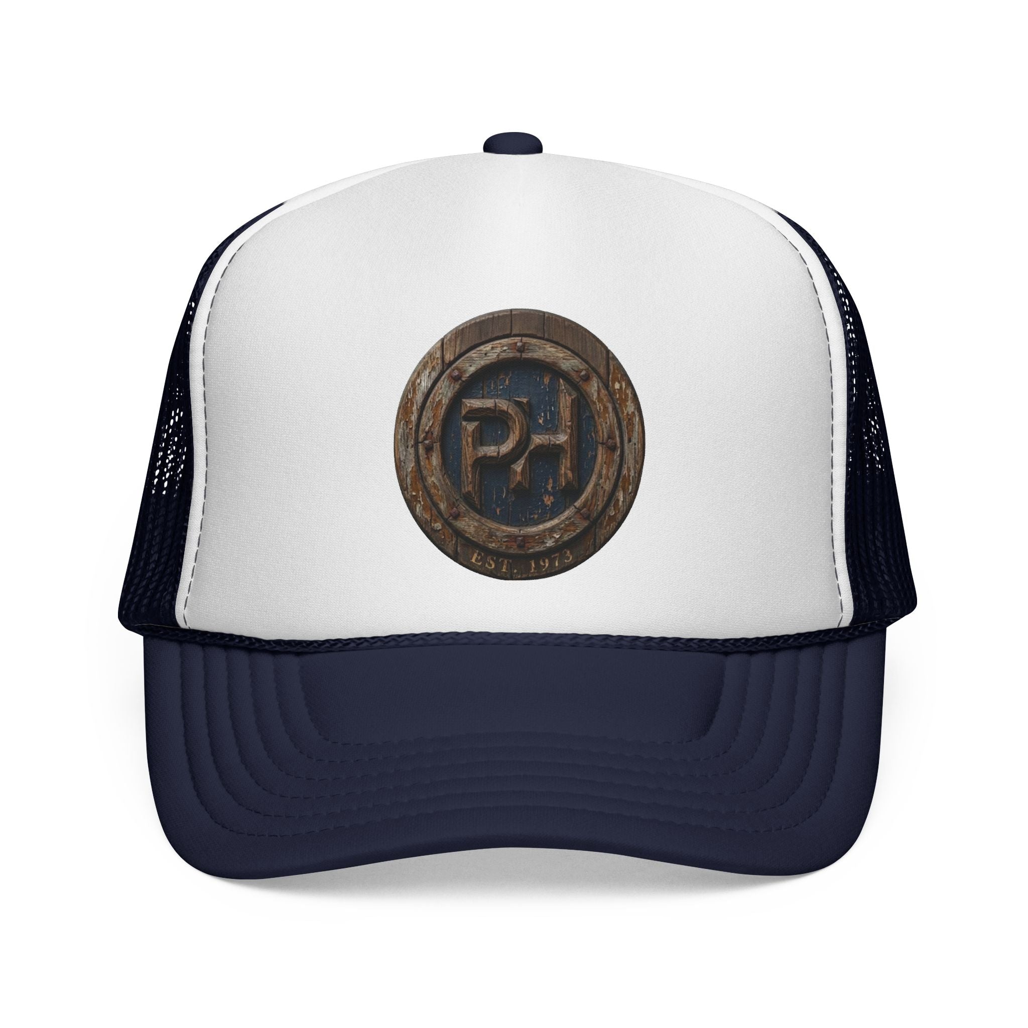 Rustic Pale Horse Logo Trucker Cap — Weathered Wooden Emblem