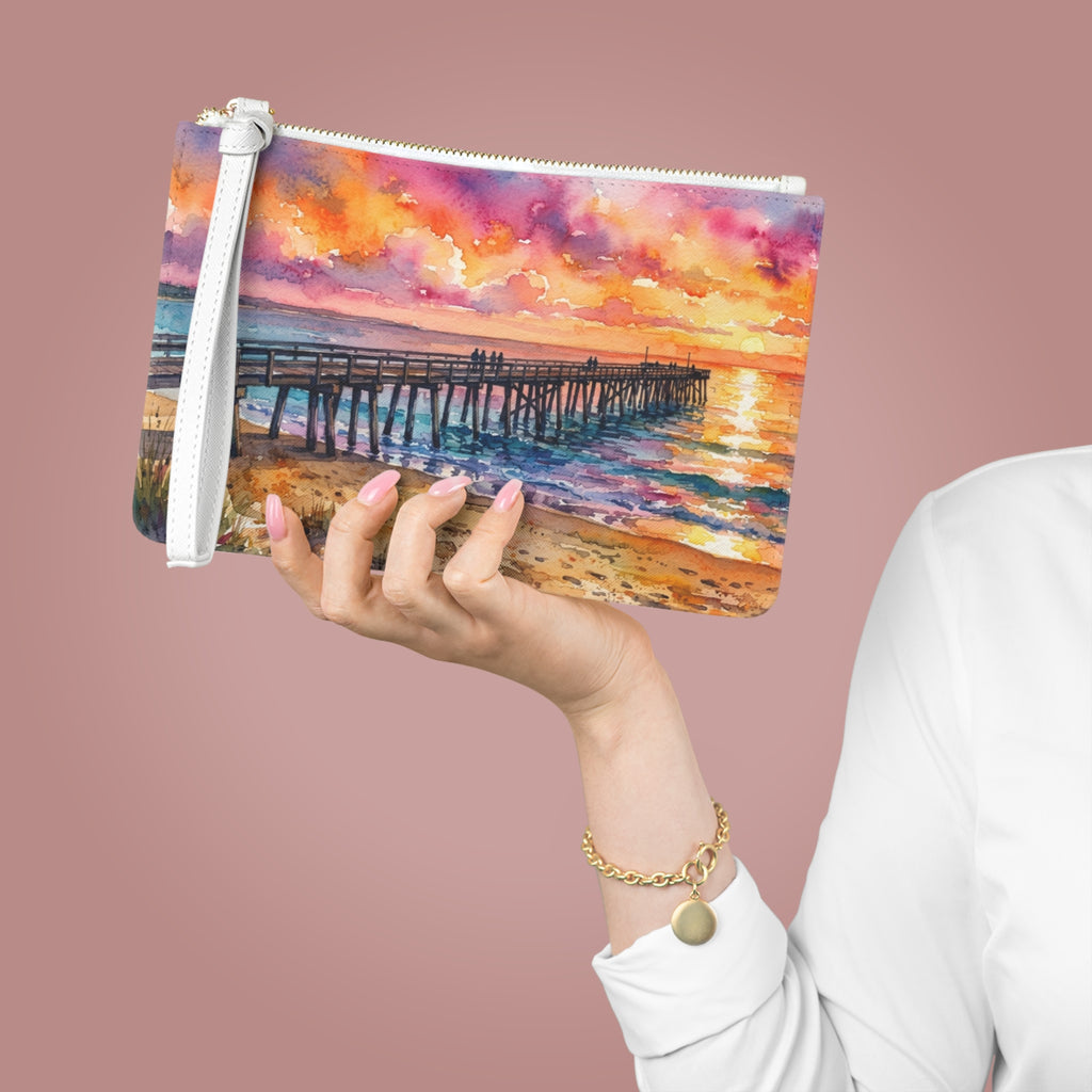 Sunset Pier Clutch Bag — Watercolor Beach Wristlet