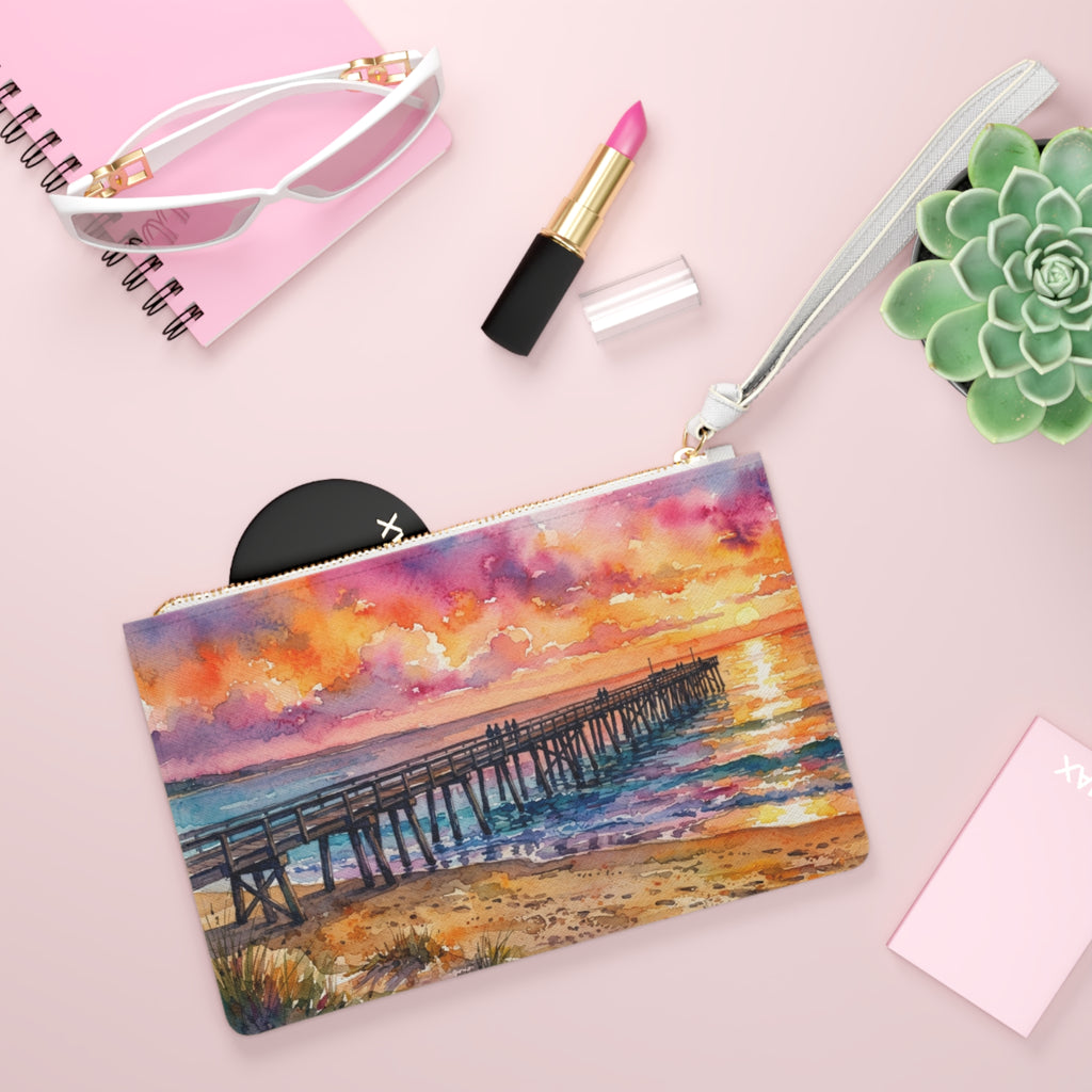 Sunset Pier Clutch Bag — Watercolor Beach Wristlet
