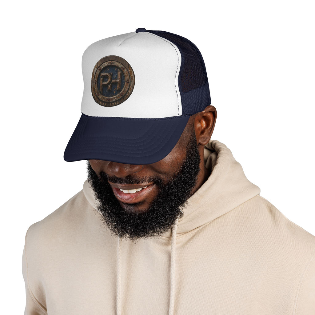 Rustic Pale Horse Logo Trucker Cap — Weathered Wooden Emblem