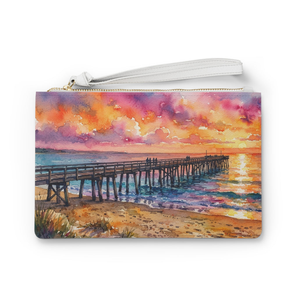Sunset Pier Clutch Bag — Watercolor Beach Wristlet