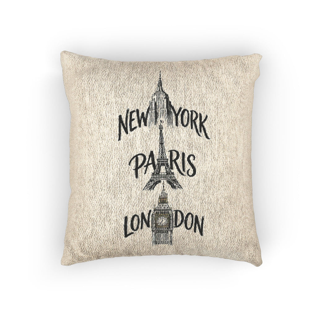 Woven Pillow - Travel Cities: New York Paris London Neutral Decorative Throw Pillow