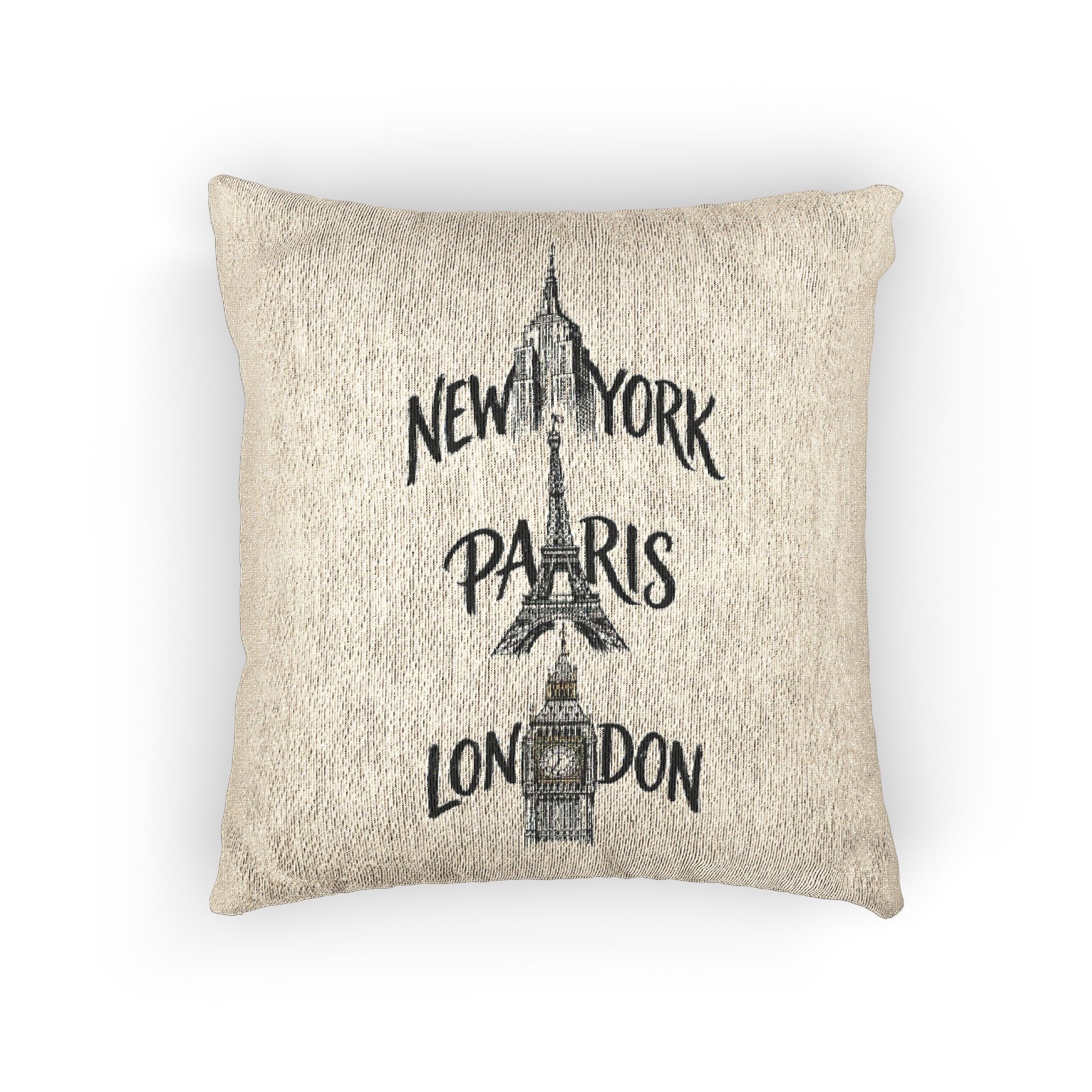 Woven Pillow - Travel Cities: New York Paris London Neutral Decorative Throw Pillow