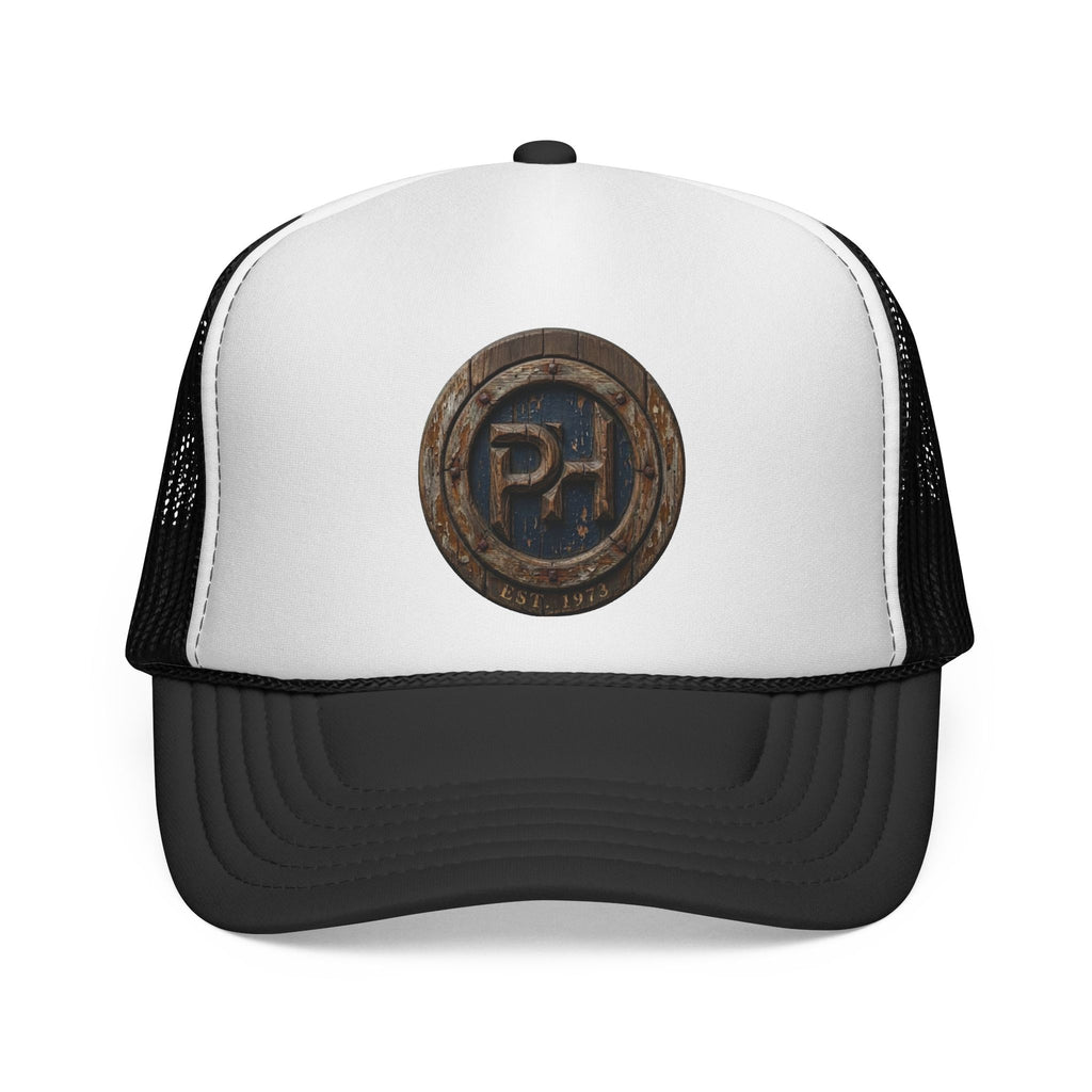 Rustic Pale Horse Logo Trucker Cap — Weathered Wooden Emblem