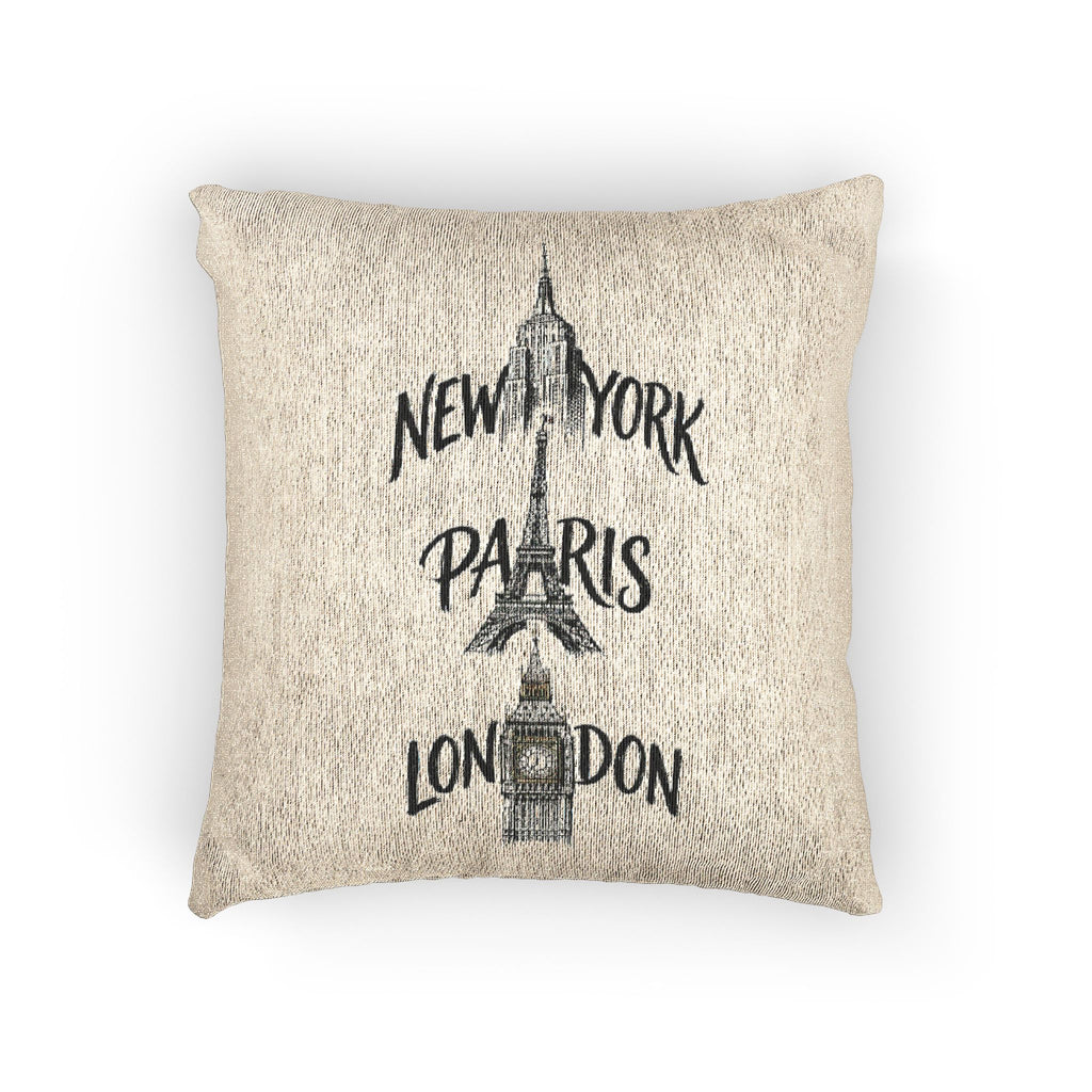 Woven Pillow - Travel Cities: New York Paris London Neutral Decorative Throw Pillow
