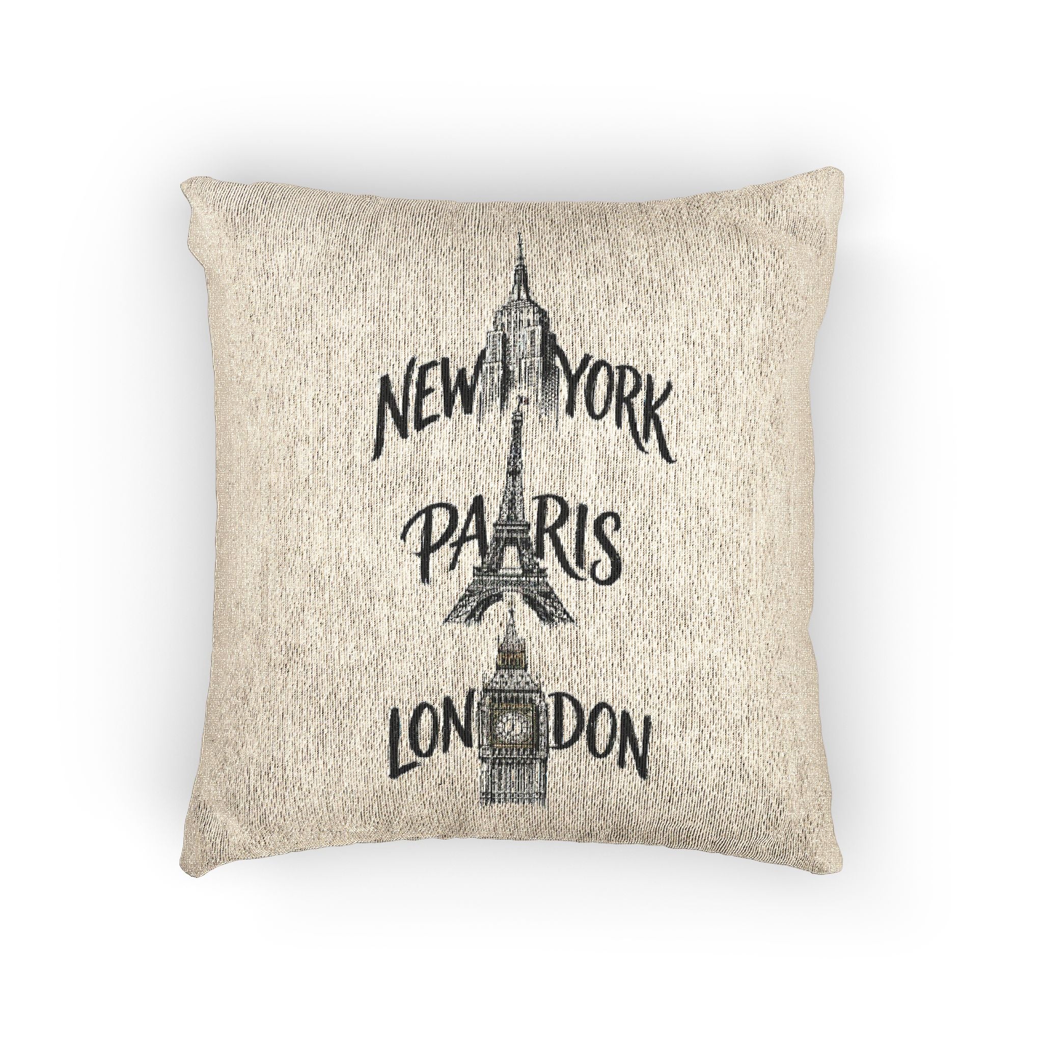 Woven Pillow - Travel Cities: New York Paris London Neutral Decorative Throw Pillow
